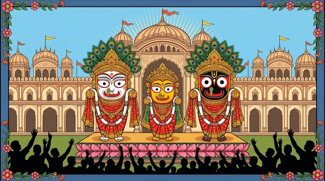 Rath Yatra car festival in Puri, Orissa, IndiaRath Yatra means Chariot Festival. with text subh rath yatra means happy rath yatra, peoples are celebrating the festival