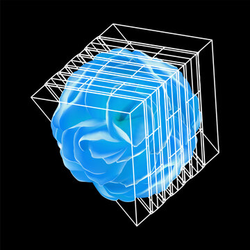 Futuristic cyberpunk blue rose flower vector illustration inside 3d wireframe cube grid y2k aesthetic neon floral print synthwave music album cover and sci fi asset