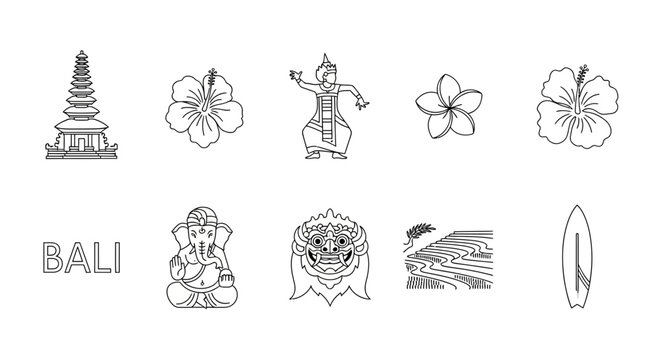 Bali Travel Icon Set Line Art Collection