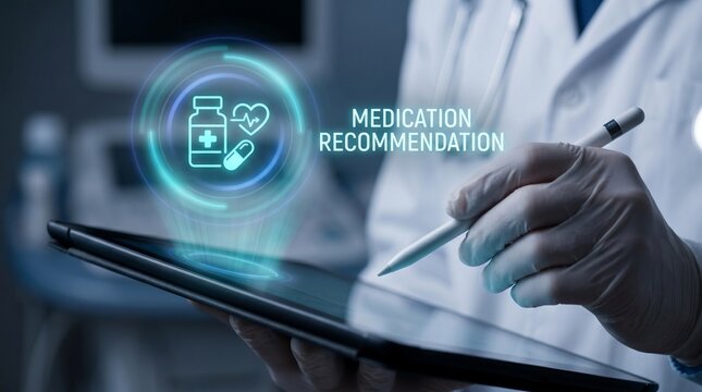 Doctor using tablet for medication recommendation with futuristic holographic interface