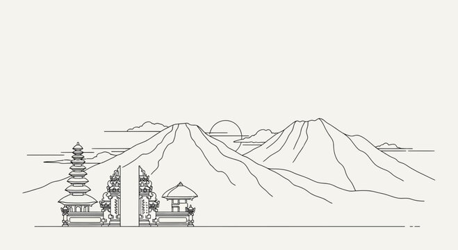 Minimalist Line Art of Bali Gate and Volcano Landscape