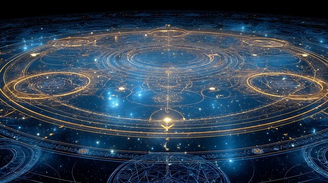 Three illustrations of golden magic circles