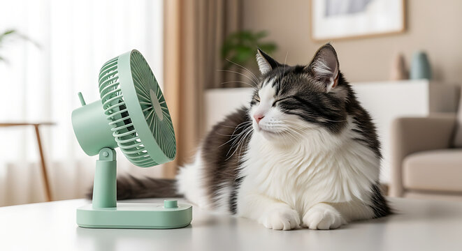 Cat Enjoys Cooling Breeze from a Small Desk Fan Indoors