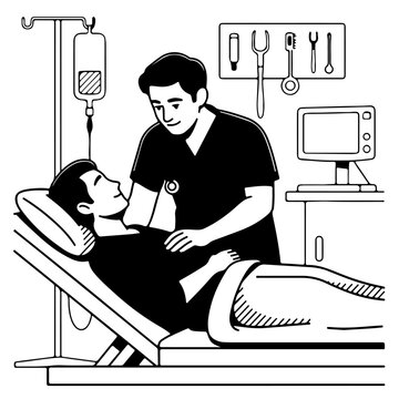 doctor and patient in hospital vector design, doctor, patient, hospital, nurse, medicine, woman, bed, healthcare, care, health, child, clinic, medical, people, stethoscope, senior, dentist, treatment