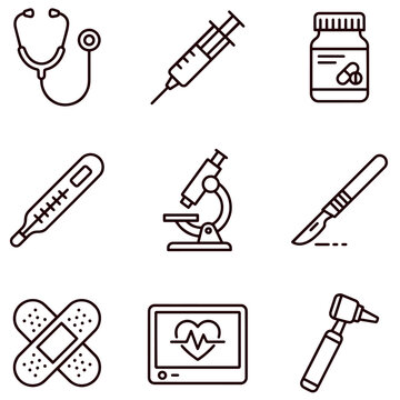 set of medical equipment vector icon, icon, vector, set, illustration, tool, icons, symbol, medical, design, pencil, cartoon, sign, equipment, pen, hammer, paint, construction, art, syringe, saw, tool
