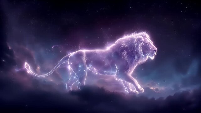 Space universe exploration, fantasy, mysterious. A vivid digital artwork depicts a majestic lion in a cosmic setting. The lion is depicted in a side profile, its mane flowing in the wind.