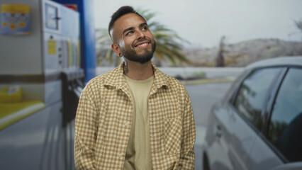 Man smiling beside car near petrol pumps at a street gas station, looking up slightly with relaxed posture  road trip contentment. © Krakenimages.com