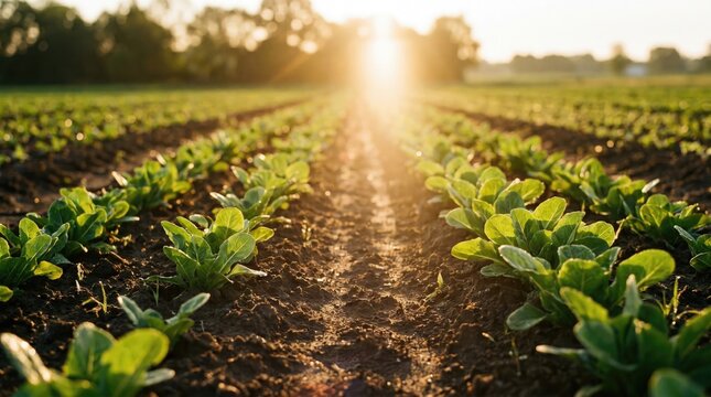 Rows of young green plants growing in soil, illuminated by warm sunlight at sunrise or sunset in a rural farm field.