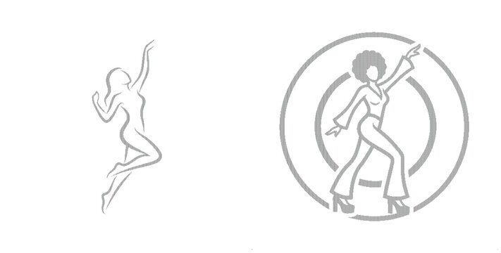 Minimalist dancing woman line art, retro disco dancer silhouette in circular frame, elegant female figure vector set for music and fitness branding
