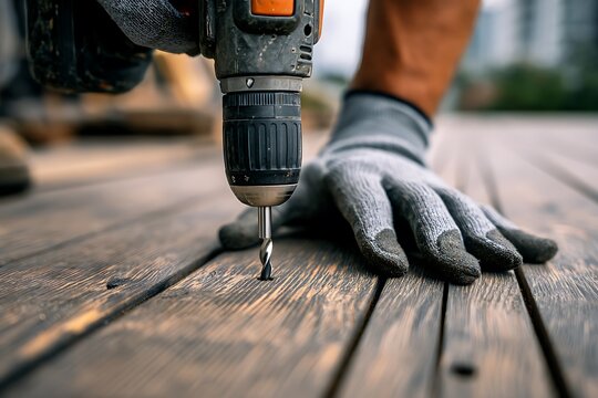 Craftsman Working on Deck Construction With Power Tools at Home