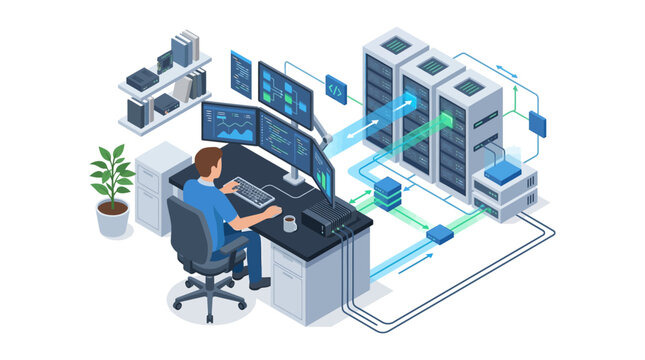 Isometric vector illustration of a male IT professional working on multiple monitors connected to data center server racks, showing network data flow and system management processes.
