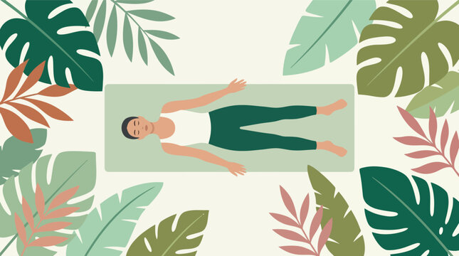 Flat vector illustration of a woman practicing yoga in Savasana corpse pose lying on a mat, surrounded by tropical monstera and palm leaves, top-down view, muted earth tone colors.