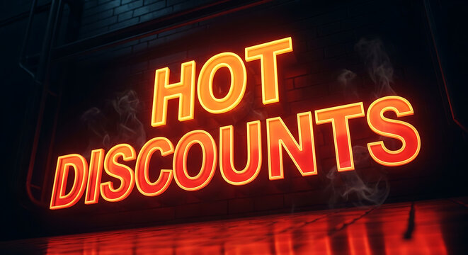Neon sign displaying hot discounts with smoke effect illuminated text