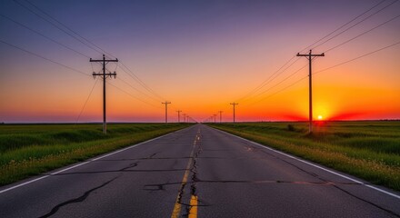 Fototapeta premium Long straight road through rural fields at sunset