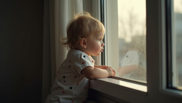 Cinematic emotional childhood photography, child looking outside window, reflective mood, soft natural daylight, realistic apartment environment, storytelling composition, premium editorial stock phot