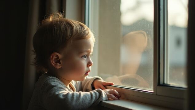 Cinematic emotional childhood photography, child looking outside window, reflective mood, soft natural daylight, realistic apartment environment, storytelling composition, premium editorial stock phot