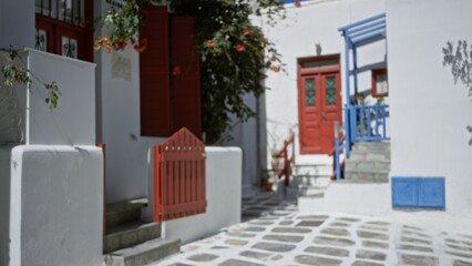 Fototapeta premium Sunlit mediterranean alley with whitewashed walls, red doors and stone paving, softly blurred bokeh; background backdrop copyspace calm.