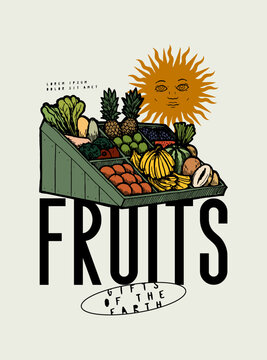 Fruit cart with tropical fruits in it and sun character above. Vintage typography t-shirt print vector illustration.