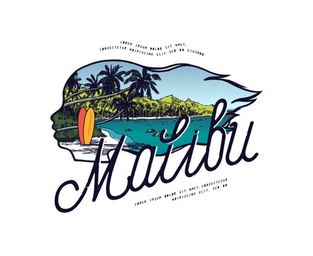 woman face silhouette with tropical beach illustration with surfboards. Malibu vintage typography t-shirt print vector illustration.