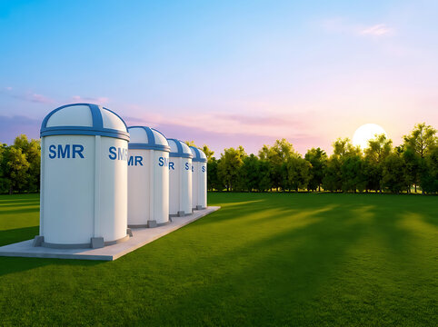 
Group of smr or small modular nuclear reactors power plant against twilight sky