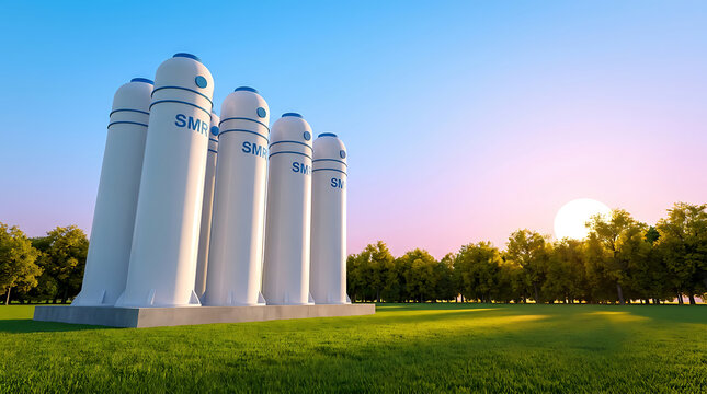 
Group of smr or small modular nuclear reactors power plant against twilight sky