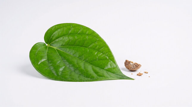 Fresh Green Betel Leaf (Paan) with Areca Nut Piece Isolated on White Background