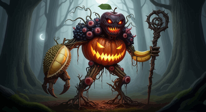 Spooky Fruit Monster Halloween Creature in Dark Forest