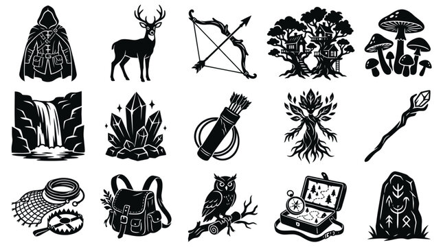 Fantasy Adventure Icons: Ranger, Deer, Bow, Treehouses, Mushrooms, Waterfall, Crystals, Owl, Map, Rune Stone