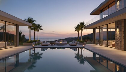 Fototapeta premium Luxurious Modern Villa Outdoor Pool Area at Dusk with Seating and Palm Trees