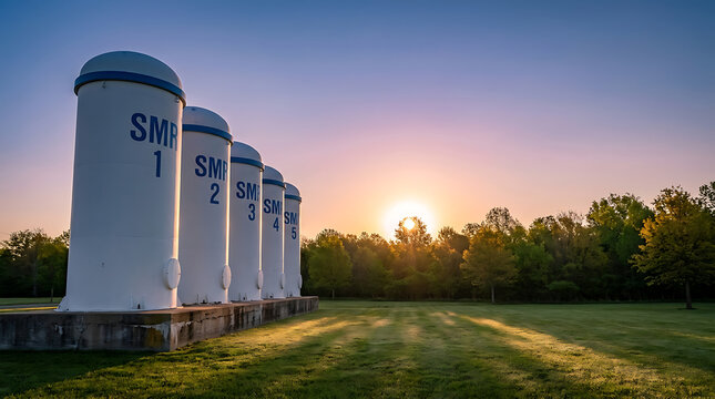 
Group of smr or small modular nuclear reactors power plant against twilight sky