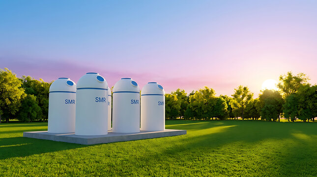 
Group of smr or small modular nuclear reactors power plant against twilight sky