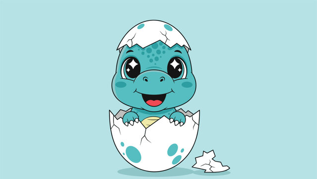 Adorable baby dinosaur hatching from a spotted white egg with sparkling eyes and a happy smile on a blue background.