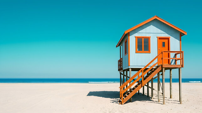 Colorful beach house with stairs on a sandy beach under a clear blue sky