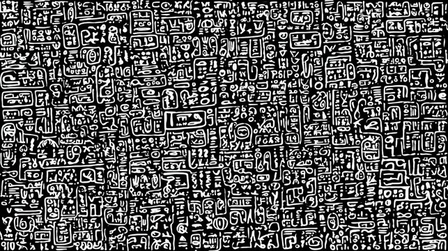 Maya Aztec civilization, Mexico culture. Mysterious, fantasy. A black and white abstract pattern composed of various handdrawn symbols and text. The symbols vary in size and shape.