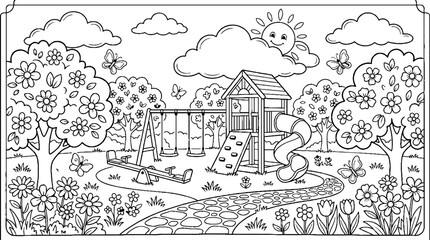Obraz premium Outdoor Playground Park with Slide Swings and Flowers