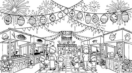 Obraz premium Festive Street Fair with Food Stalls and Fireworks