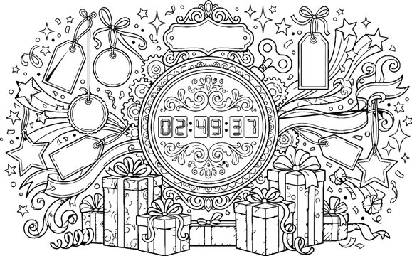 Festive countdown timer with gift boxes and celebration elements