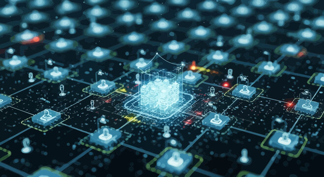 Abstract Digital Network Grid with Glowing Data Nodes and Central Processing Unit