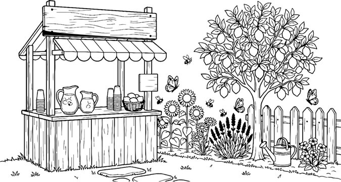 Refreshing garden lemonade stand with lemon tree and flowers