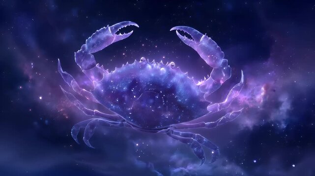 Space universe exploration, fantasy, mysterious. A vivid digital artwork depicts a cosmic scene. A large, translucent crab is the central subject, surrounded by a nebula filled with stars and nebulae.