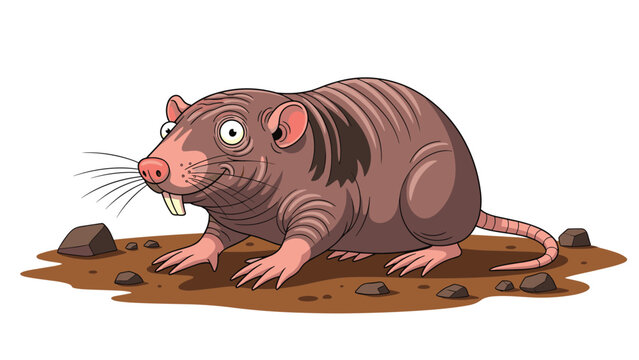 Cartoon illustration of a unique naked mole rat character standing on a patch of brown dirt against a plain white background.