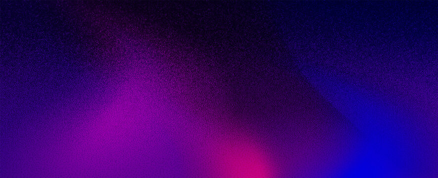 Trendy lo-fi grain texture background with colorful blurred aura gradients of dark blue and magenta for banner.