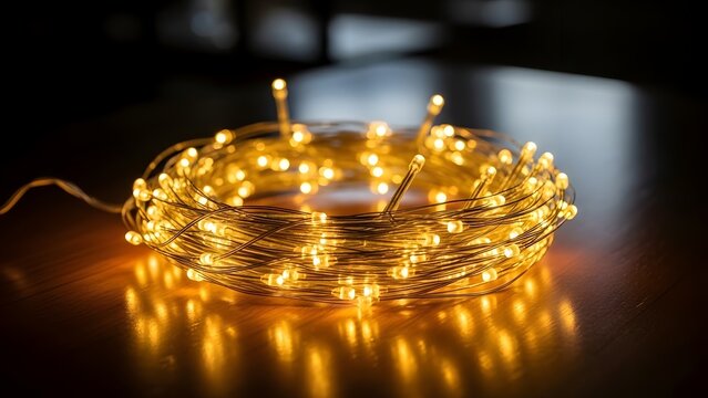 Coiled warm white led fairy lights on dark wooden background