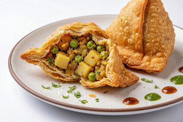 Golden Punjabi Samosas filled with potatoes and peas, a popular Indian snack © Rajesh