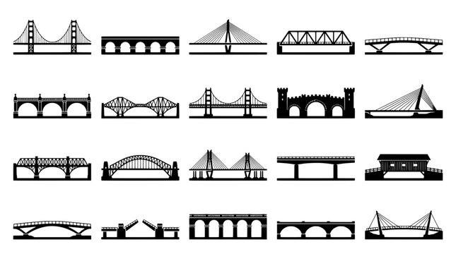 Bridges set with various architectural designs and styles featuring architecture, design, suspension with arch and truss elements for beam,