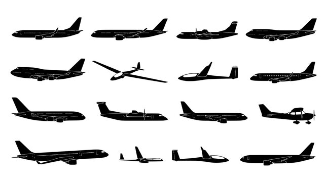 Aircraft set with various models in black silhouette style featuring airplane, jet, plane with aviation and transport elements for travel, flight