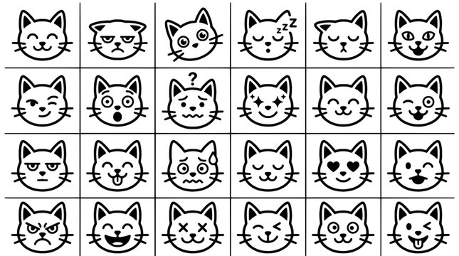 Cat face icons grid with simple line art expressions including sleepy, winking, heart eyes, and mischievous smirks