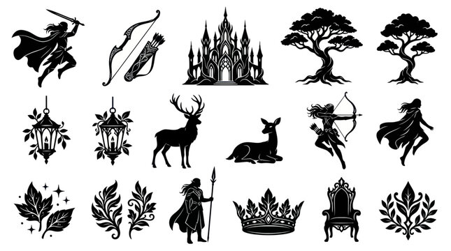 Fantasy Icons: Warrior, Castle, Deer, Trees, Archery, Crown, Throne, Lanterns