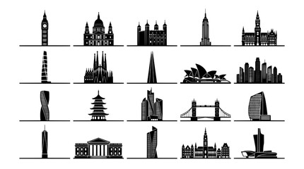 Naklejka premium City skyline icons set with tall landmarks and historic buildings in simple black silhouette style featuring architecture, cityscape, monochrome with