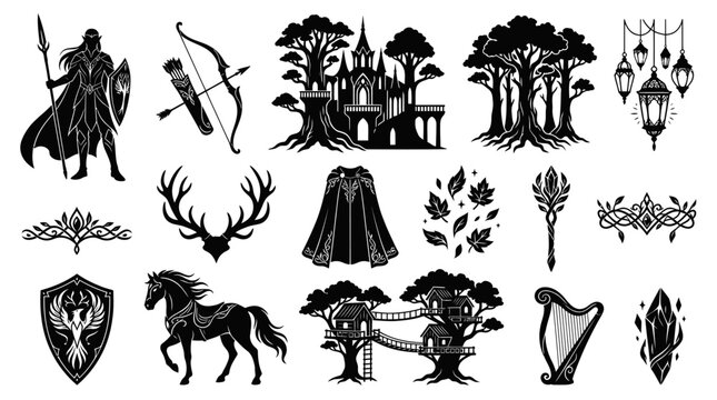 Mythical Elven Fantasy Forest Silhouette Vector Icons Set: Warrior, Castle, Trees, Animals  Magic Elements